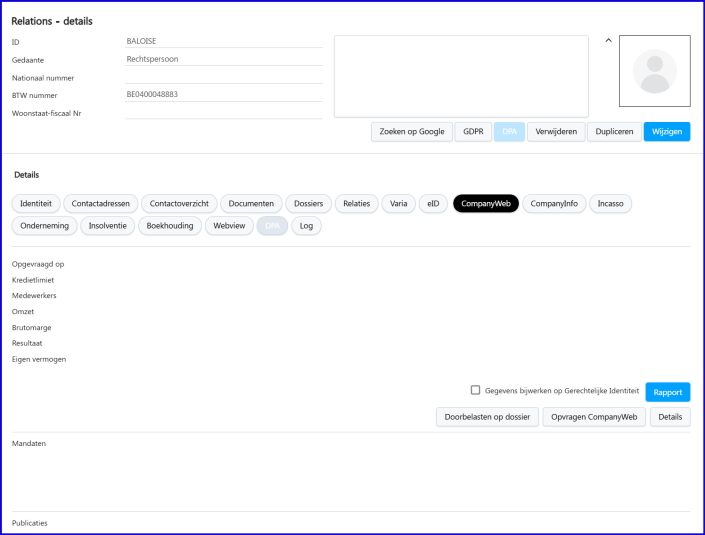 Companyweb koppeling op relatiefiche